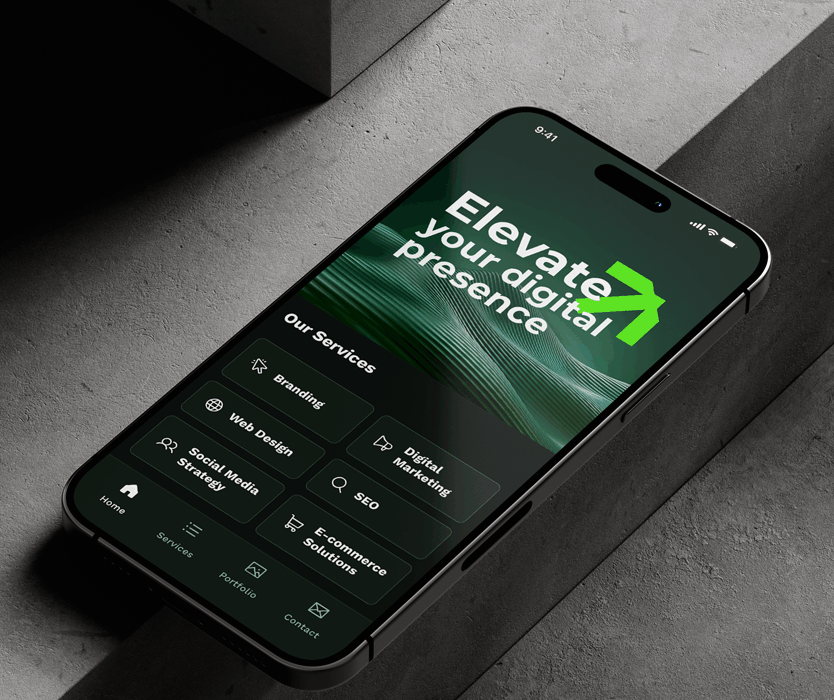 Sdigital marketing agency in calicut's smartphone showing a digital services app with “Elevate your digital presence” on screen.