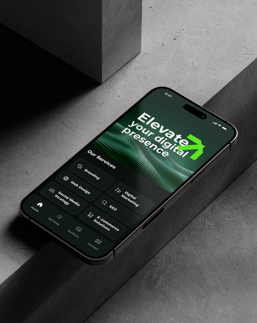 Sdigital marketing agency in calicut's smartphone showing a digital services app with “Elevate your digital presence” on screen.