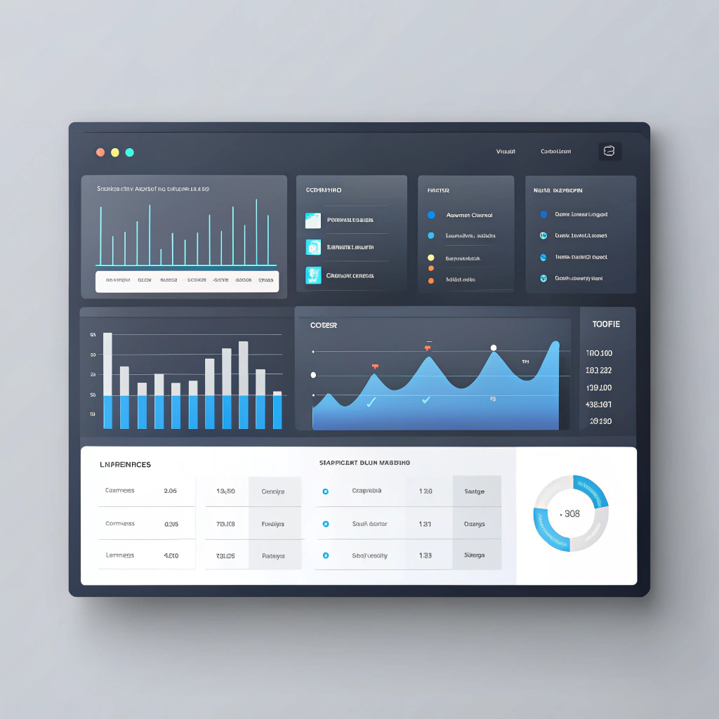 Digital mockup of an analytics and data dashboard interface featuring multiple graphs, charts, and tables in dark mode.