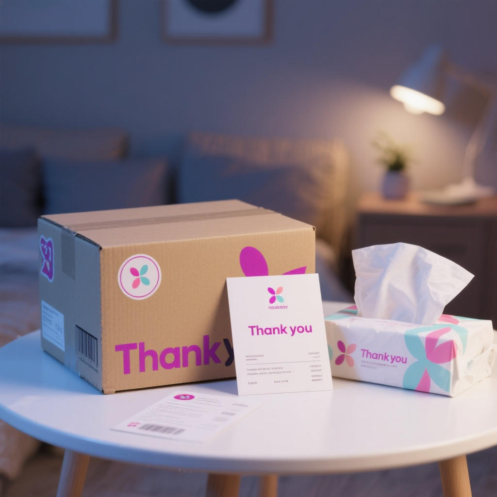 E-commerce delivery packaging, a thank you note, and a tissue box on a small table in a cozy, dimly lit bedroom.