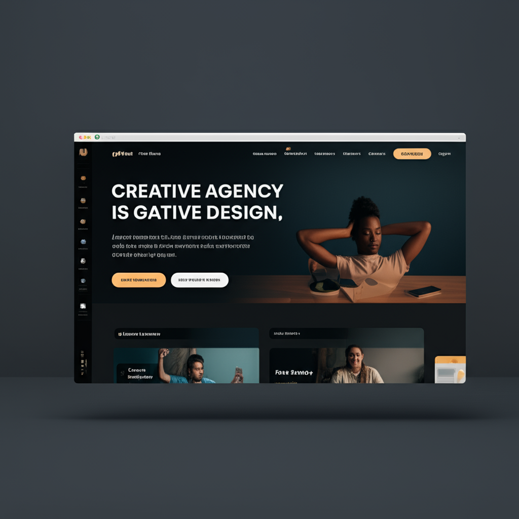 Digital mockup of a dark mode website for a creative agency and website development company, featuring a large hero section and two photo cards.