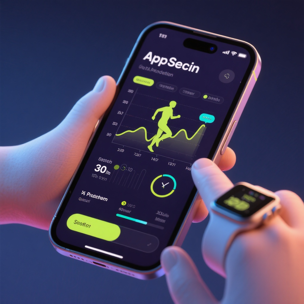 Person using a fitness app on a smartphone with a smartwatch