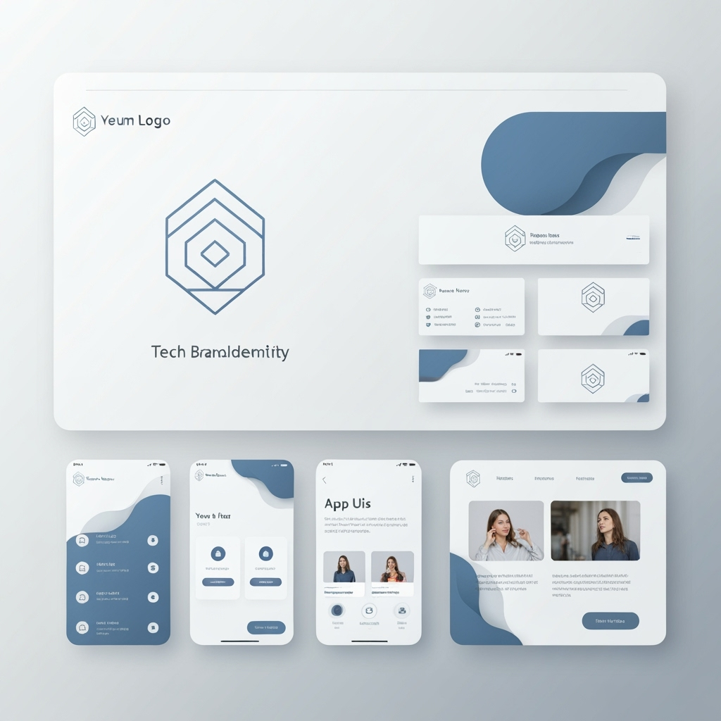 Blue and white geometric technology brand and app design mockup.
