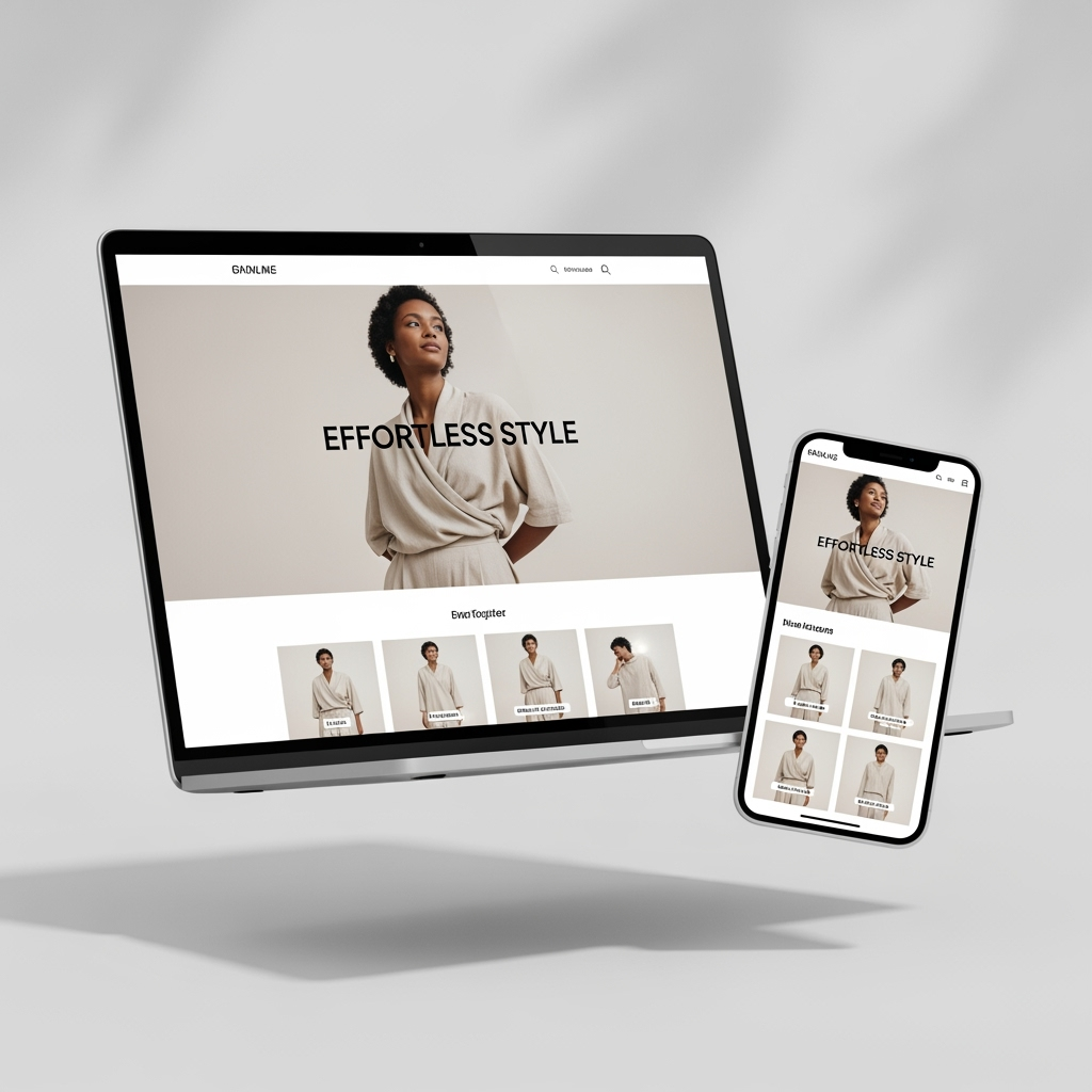 A fashion website mockup on laptop and phone showing a model with the text "EFFORTLESS STYLE" and the brand name "GANLINE".