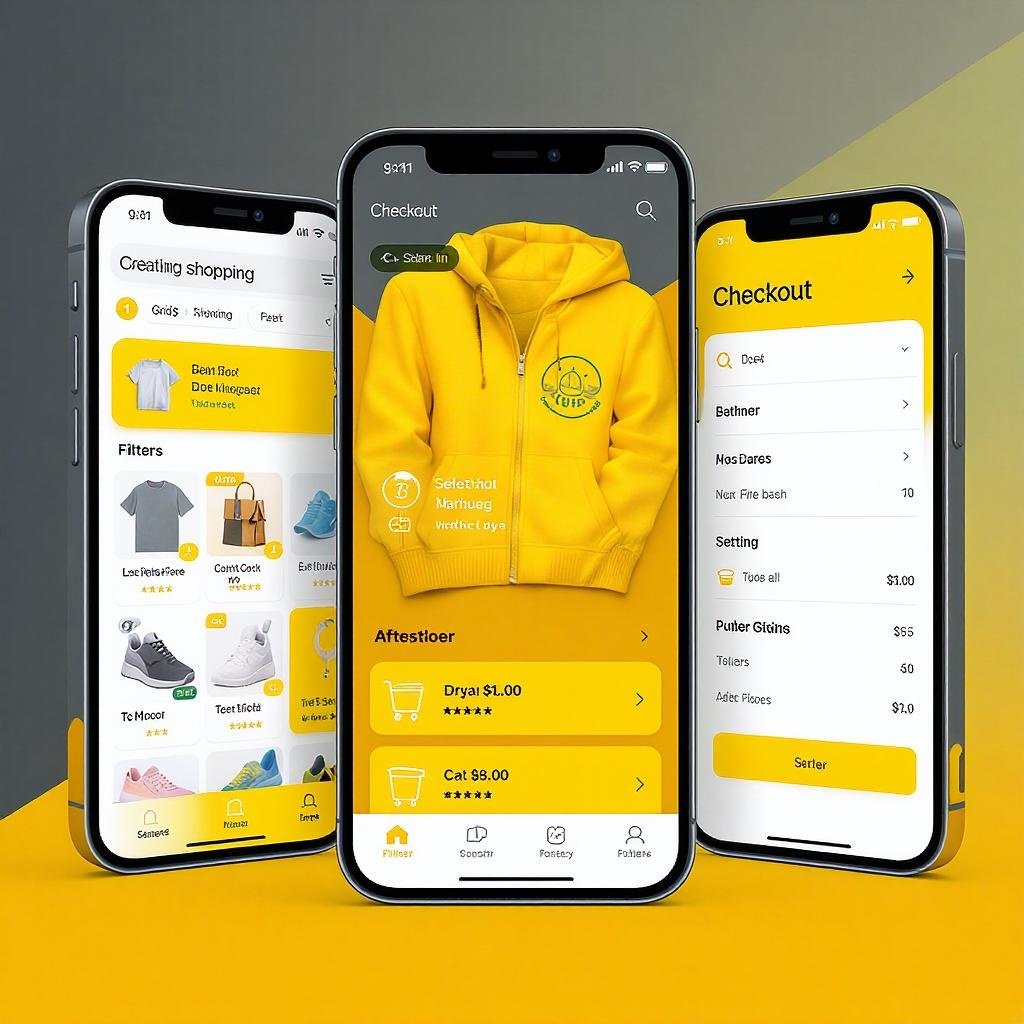 A modern shopping app UI mockup with product browsing, item details, and checkout screens, using bright yellow and placeholder text.