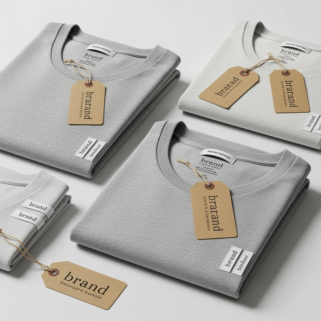 Flat lay mockup of neutral gray T-shirts featuring various apparel branding elements, including sewn tags and kraft paper hang tags
