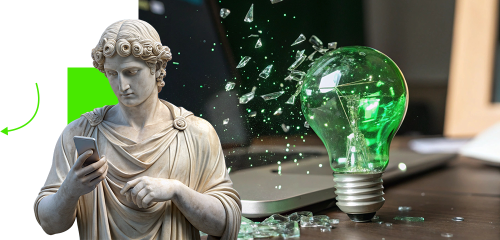 Classical statue using a smartphone beside a shattering green light bulb on a laptop