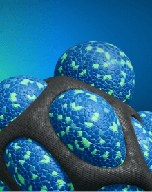 Abstract 3D image showing textured blue and green orbs in a dark, flexible mesh against a bright blue gradient background