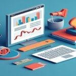 Colorful 3D illustration of a digital marketing workspace, featuring a desktop monitor displaying charts and graphs, a laptop, books, headphones, and office supplies on a blue background