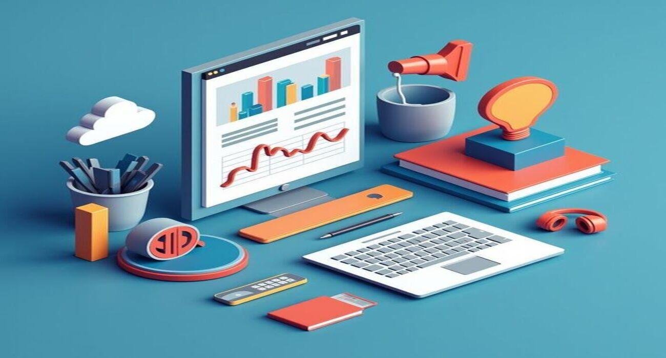 Colorful 3D illustration of a digital marketing workspace, featuring a desktop monitor displaying charts and graphs, a laptop, books, headphones, and office supplies on a blue background